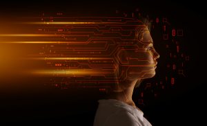Portrait Of Young Woman On Dark Background. Concept Of Computer