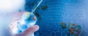 Hand Of Scientist Holding Flask With Lab Glassware And Test Tubes In Chemical Laboratory Background, Science Laboratory Research And Development Concept,drug Research