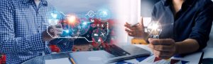 Selective Focus. Architect Team Planning Design Apply Renewable Or Solar Energy On Architectural Building Model With Virtual Reality Technology Hologram. Alternative Green Energy In Future Concept.