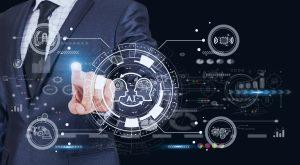Businessman Pressing On Virtual Screens With Business Digital Technology Future Ai Link Internet Connection Innovation Network Bigdata Wireless Artificial Intelligence Internet.ai And Technology